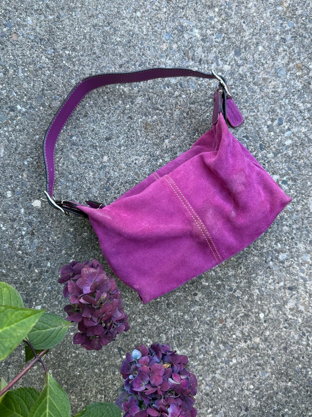 Liz Claiborne Vintage Fuchsia Pink Suede & Pebble Leather Shoulder Bag Baguette